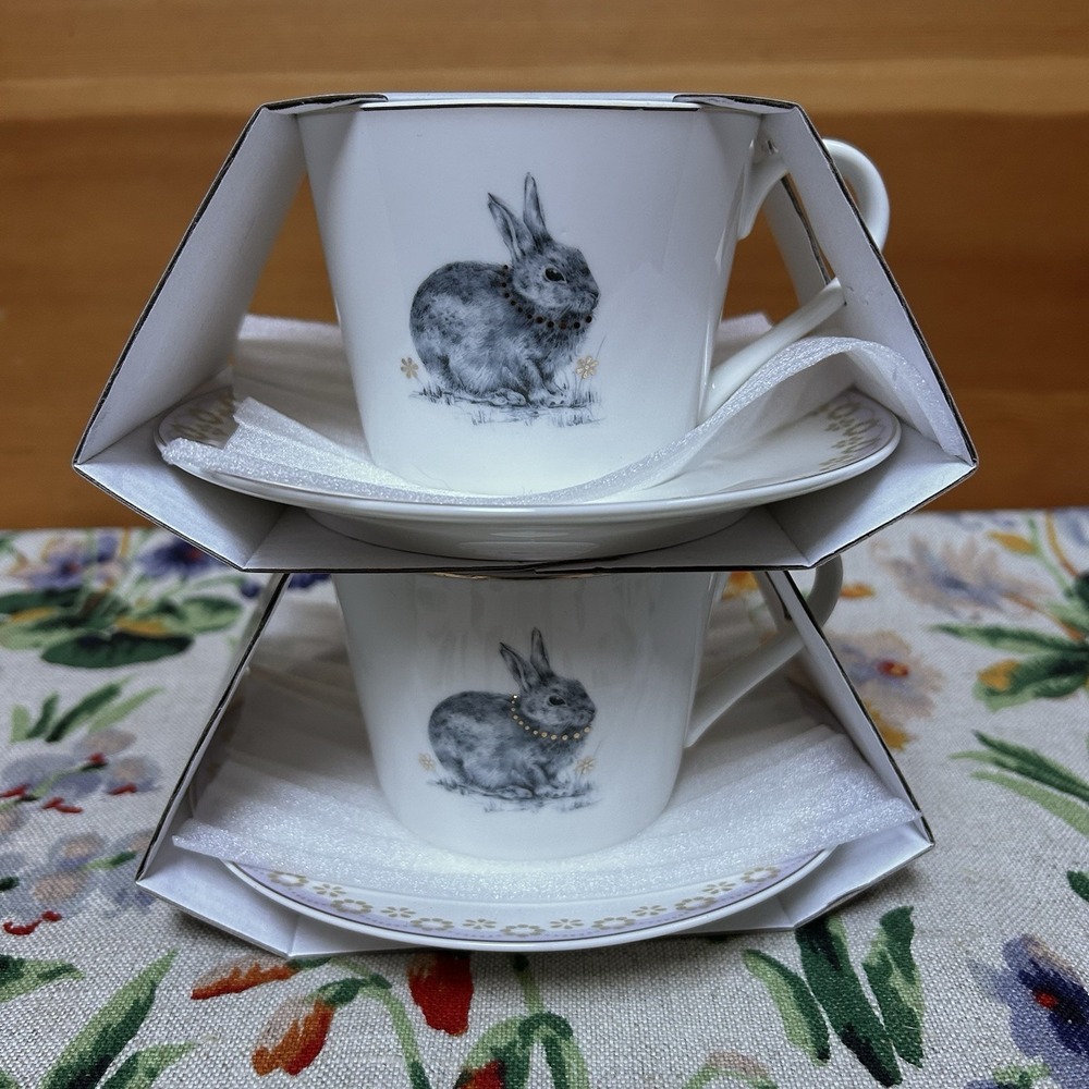 NEW Spode Meadow Lane Blue/Gray Bunny Rabbit Tea Cup Saucer 2-Set Spring Cottage
